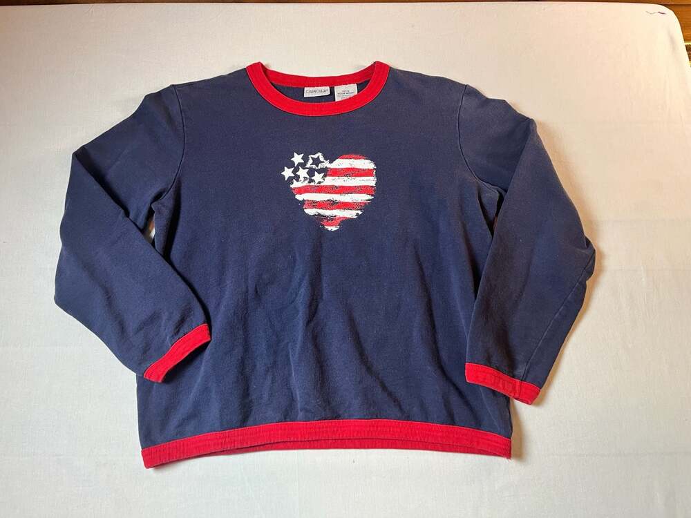 Cabin Creek Petite Medium Sweatshirt Navy Patriotic American Flag Heart Red Trim